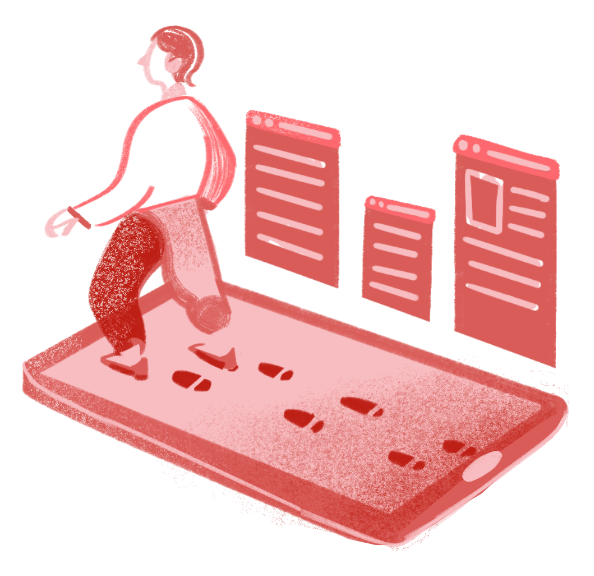 personaje caminando por una tablet dejando a un lado unos docs